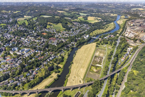 Aerial view, Ruhr river, possible natural outdoor pool on the riverside road, Ruhr viaduct Witten, Ruhr bridge Bommern, Willy-Brandt bridge, Witten, Ennepe-Ruhr district, Ruhr area, North Rhine-Westphalia, Germany