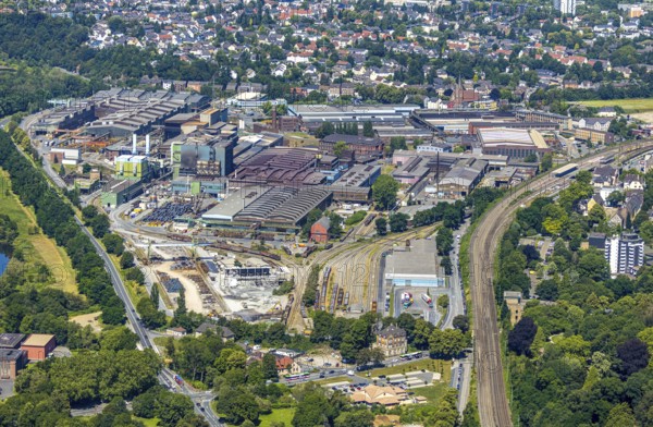 Aerial view, Deutsche Edelstahlwerke Witten, DEW, Ruhr river, Witten main railway station, view to Heven, Witten, Ennepe-Ruhr district, Ruhr area, North Rhine-Westphalia, Germany