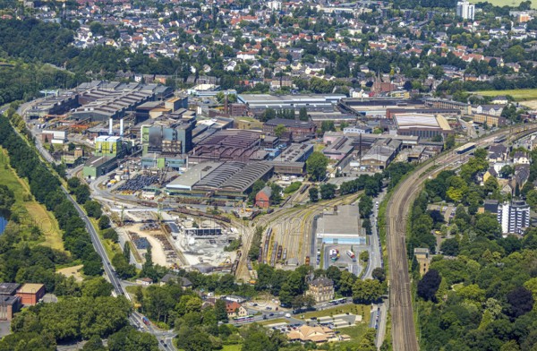 Aerial view, Deutsche Edelstahlwerke Witten, DEW, Ruhr river, Witten main railway station, view to Heven, Witten, Ennepe-Ruhr district, Ruhr area, North Rhine-Westphalia, Germany