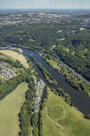 Aerial view, Steger campsite, Ruhr river, Ruhr island, Hohenstein hydroelectric power station, Bommern, Witten, Ennepe-Ruhr district, Ruhr area, North Rhine-Westphalia, Germany