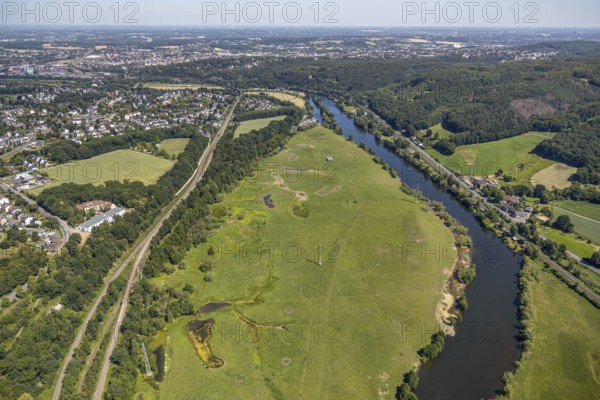 Aerial view, Steger campsite, Ruhr river, Ruhr island, new Haus Buschey retirement home, Bommern, Witten, Ennepe-Ruhr district, Ruhr area, North Rhine-Westphalia, Germany