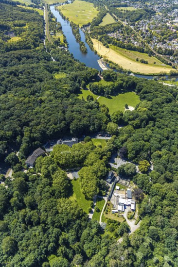 Aerial view, excursion destination Hohenstein, Hotel Haus Hohenstein, Hohenstein petting zoo, Ruhr river, Berger monument, Steger campsite, Witten, Ennepe-Ruhr district, Ruhr area, North Rhine-Westphalia, Germany