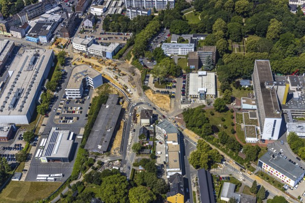 Aerial view, construction site, extension of Pferdebachstraße, Witten-Ost development area, former goods station, medical centre, Protestant Hospital Witten, Witten, Ennepe-Ruhr district, Ruhr area, North Rhine-Westphalia, Germany