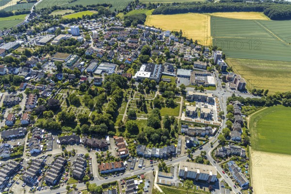 Aerial view, view of Stockum, construction site of new Helfkamp retirement home, high-rise building, Stockum cemetery, Witten, Ennepe-Ruhr district, Ruhr area, North Rhine-Westphalia, Germany