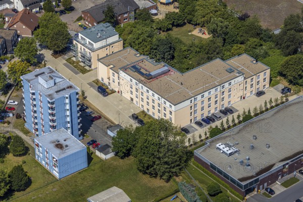 Aerial view, construction site of new Helfkamp retirement home, high-rise building, Stockum, Witten, Ennepe-Ruhr district, Ruhr area, North Rhine-Westphalia, Germany