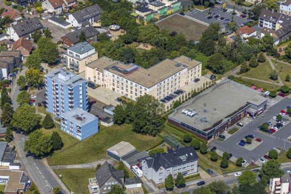 Aerial view, construction site of new Helfkamp retirement home, high-rise building, Stockum, Witten, Ennepe-Ruhr district, Ruhr area, North Rhine-Westphalia, Germany