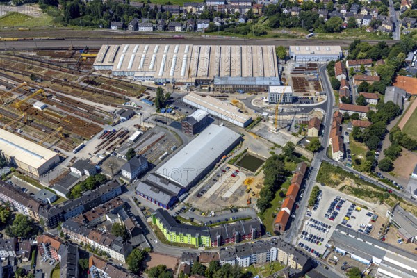 Aerial view, new building at the entrance to the Witten switchyard, site of the switchyard on Kronenstraße, Deutsche Bahn AG, Kesselstraße residential project, Witten, Ruhr area, North Rhine-Westphalia, Germany