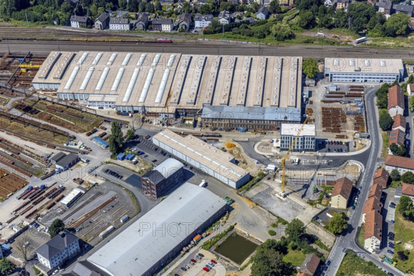 Aerial view, new building at the entrance to the Witten switchyard, site of the switchyard on Kronenstraße, Deutsche Bahn AG, Witten, Ruhr area, North Rhine-Westphalia, Germany