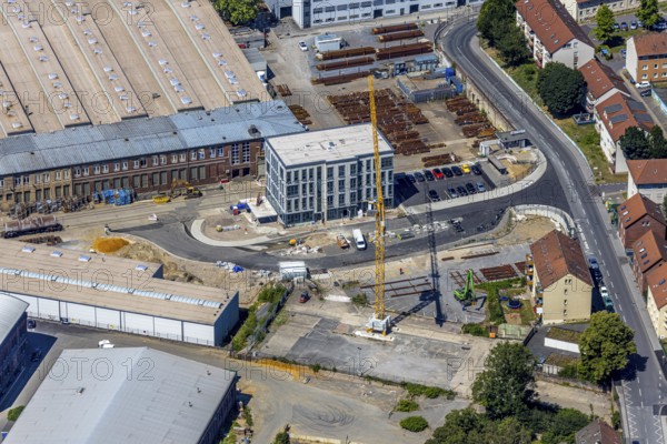 Aerial view, new building at the entrance to the Witten switchyard, site of the switchyard on Kronenstraße, Deutsche Bahn AG, Witten, Ruhr area, North Rhine-Westphalia, Germany