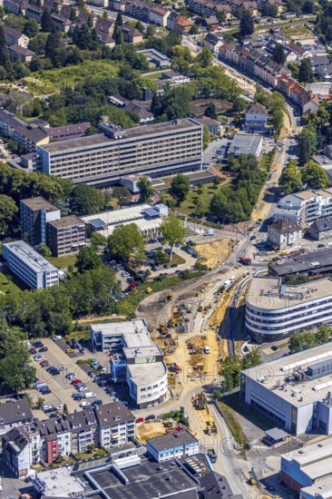 Aerial view, construction site, extension of Pferdebachstraße, Witten-Ost development area, former goods station, medical centre, Protestant Hospital Witten, Witten, Ennepe-Ruhr district, Ruhr area, North Rhine-Westphalia, Germany