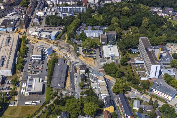 Aerial view, construction site, extension of Pferdebachstraße, Witten-Ost development area, former goods station, medical centre, Protestant Hospital Witten, Witten, Ennepe-Ruhr district, Ruhr area, North Rhine-Westphalia, Germany