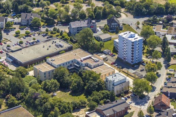 Aerial view, construction site of new Helfkamp retirement home, high-rise building, Stockum, Witten, Ennepe-Ruhr district, Ruhr area, North Rhine-Westphalia, Germany
