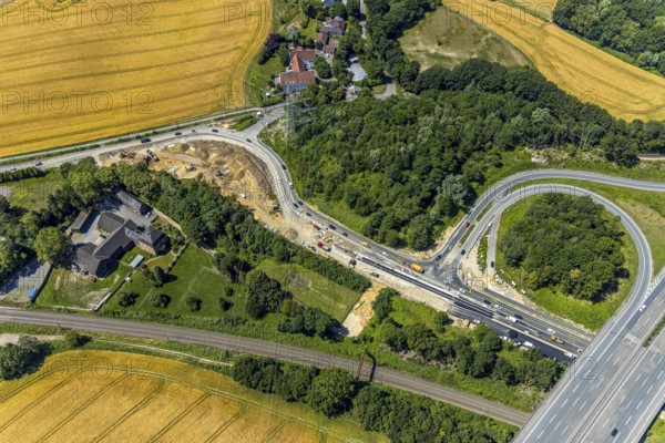 Aerial view, construction site Bochumer Straße near Hof Bockholt, motorway junction Witten-Zentrum, motorway A44, Witten, Ennepe-Ruhr district, Ruhr area, North Rhine-Westphalia, Germany