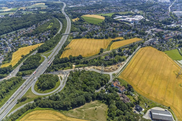 Aerial view, construction site Bochumer Straße near Hof Bockholt, motorway junction Witten-Zentrum, motorway A44, Witten, Ennepe-Ruhr district, Ruhr area, North Rhine-Westphalia, Germany