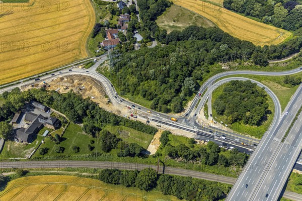 Aerial view, construction site Bochumer Straße near Hof Bockholt, motorway junction Witten-Zentrum, motorway A44, Witten, Ennepe-Ruhr district, Ruhr area, North Rhine-Westphalia, Germany