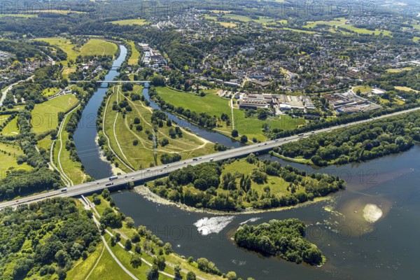 Aerial view, river Ruhr and 3 Ruhr bridges in Herbede, Lakebrücke, Ruhrbrücke Herbede, motorway bridge A43, Luhn & Pulvermacher - Dittmann & Neuhaus GmbH, Herbede, Witten, Ennepe-Ruhr-Kreis, Ruhr Area, North Rhine-Westphalia, Germany