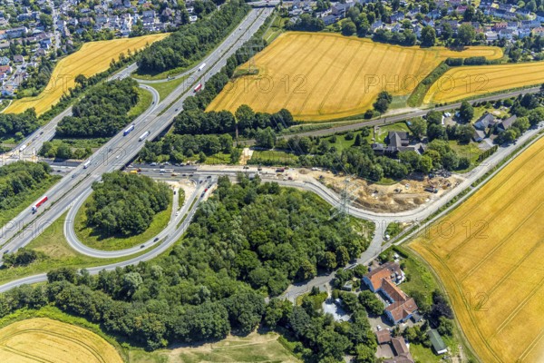Aerial view, construction site Bochumer Straße near Hof Bockholt, motorway junction Witten-Zentrum, motorway A44, Witten, Ennepe-Ruhr district, Ruhr area, North Rhine-Westphalia, Germany