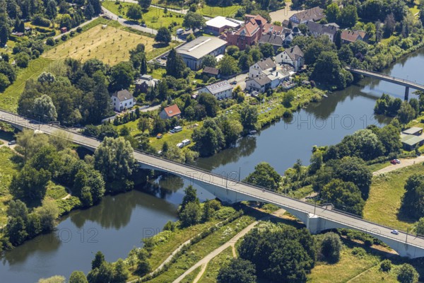 Aerial view, river Ruhr with 2 Ruhr bridges in Herbede, Lakebrücke, Ruhrbrücke Herbede, Witten, Ennepe-Ruhr-Kreis, Ruhr Area, North Rhine-Westphalia, Germany