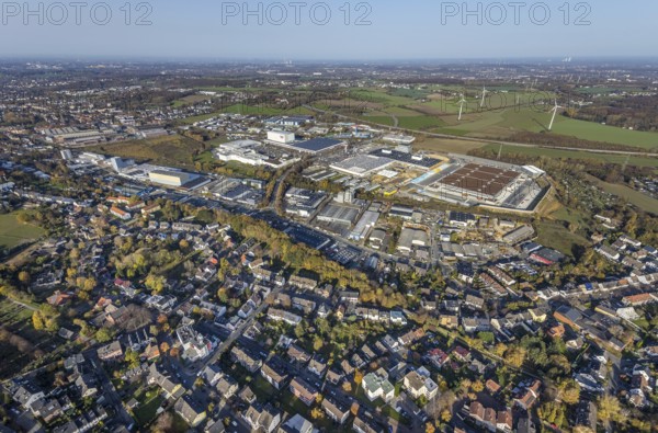 Aerial view, construction site of new Amazon logistics centre, industrial estate on Brauckstrasse, Bauhaus, Ostermann furniture store, Rüdinghausen, Witten, Ruhr area, North Rhine-Westphalia, Germany