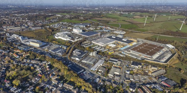 Aerial view, construction site of new Amazon logistics centre, industrial estate on Brauckstrasse, Bauhaus, Ostermann furniture store, Rüdinghausen, Witten, Ruhr area, North Rhine-Westphalia, Germany