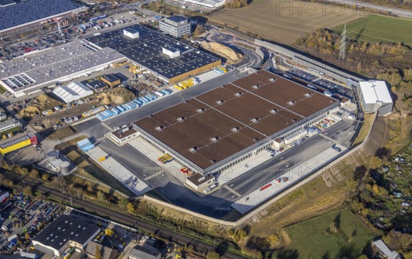 Aerial view, construction site of new Amazon logistics centre, industrial estate on Brauckstrasse, Bauhaus, Faiveley Transport Witten, Rüdinghausen, Witten, Ruhr area, North Rhine-Westphalia, Germany