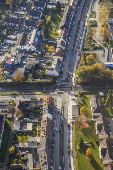 Aerial view, construction site Pferdebachstraße, railway crossing Ziegelstraße, planned S-Bahn stop, Bebbelsdorf, Witten, Ruhr area, North Rhine-Westphalia, Germany