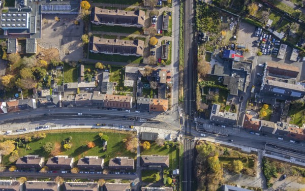 Aerial view, construction site Pferdebachstraße, railway crossing Ziegelstraße, planned S-Bahn stop, Bebbelsdorf, Witten, Ruhr area, North Rhine-Westphalia, Germany