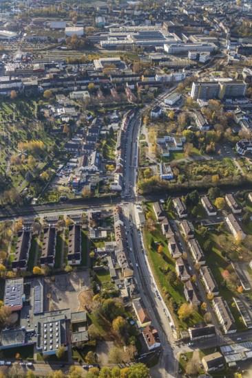 Aerial view, construction site Pferdebachstraße to evang. hospital, railway crossing Ziegelstraße, planned S-Bahn stop, Bebbelsdorf, Witten, Ruhr area, North Rhine-Westphalia, Germany
