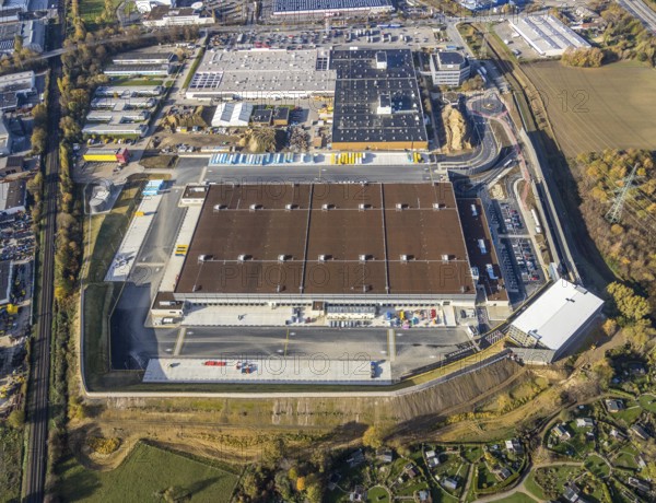 Aerial view, construction site of new Amazon logistics centre, industrial estate on Brauckstrasse, Bauhaus, Faiveley Transport Witten, Rüdinghausen, Witten, Ruhr area, North Rhine-Westphalia, Germany