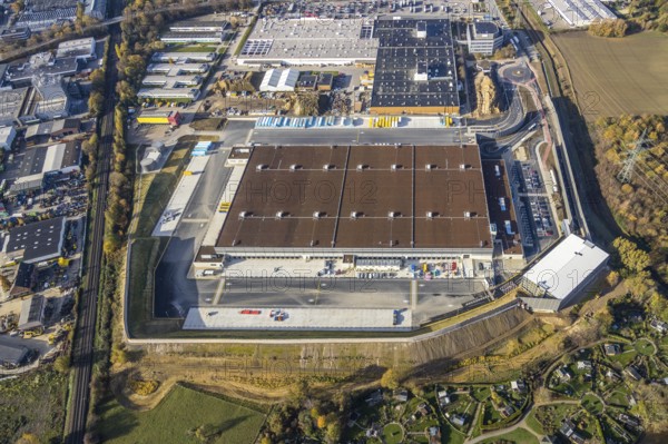 Aerial view, construction site of new Amazon logistics centre, industrial estate on Brauckstrasse, Bauhaus, Faiveley Transport Witten, Rüdinghausen, Witten, Ruhr area, North Rhine-Westphalia, Germany