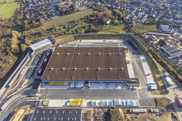 Aerial view, construction site of new Amazon logistics centre, industrial estate on Brauckstraße, Rüdinghausen, Witten, Ruhr area, North Rhine-Westphalia, Germany