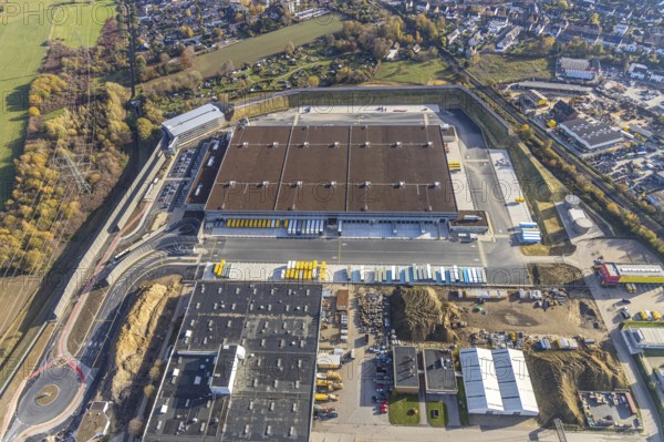 Aerial view, construction site of new Amazon logistics centre, industrial estate on Brauckstraße, Rüdinghausen, Witten, Ruhr area, North Rhine-Westphalia, Germany