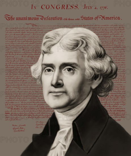Portrait of Thomas Jefferson, 1743 - 1826, third president of the United States and principal author of the Declaration of Independence, digitally optimized, in the background the Declaration of Independence of the thirteen united States of America, July 4, 1776