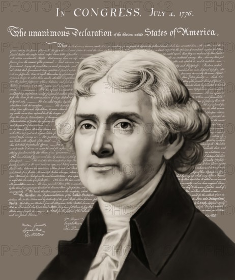 Portrait of Thomas Jefferson, 1743 - 1826, third president of the United States and principal author of the Declaration of Independence, digitally optimized, in the background the Declaration of Independence of the thirteen united States of America, July 4, 1776
