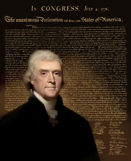 Portrait of Thomas Jefferson, 1743 - 1826, third president of the United States and principal author of the Declaration of Independence, digitally optimized based on a painting by Rembrandt Peale, in the background the Declaration of Independence of the thirteen united States of America, July 4, 1776