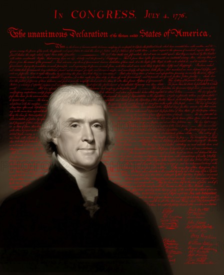 Portrait of Thomas Jefferson, 1743 - 1826, third president of the United States and principal author of the Declaration of Independence, digitally optimized based on a painting by Rembrandt Peale, in the background the Declaration of Independence of the thirteen united States of America, July 4, 1776