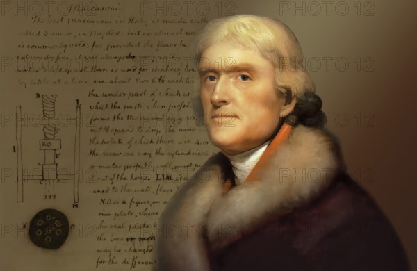 Portrait of Thomas Jefferson, 1743 - 1826, third president of the United States, digitally optimized based on a painting by Rembrandt Peale, in the background Jefferson's drawing of a macaroni machine and instructions for making pasta, ca. 1787