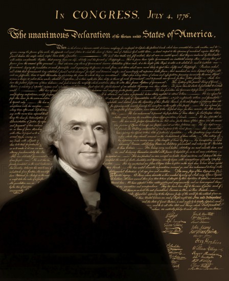 Portrait of Thomas Jefferson, 1743 - 1826, third president of the United States and principal author of the Declaration of Independence, digitally optimized based on a painting by Rembrandt Peale, in the background the Declaration of Independence of the thirteen united States of America, July 4, 1776