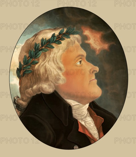 Jefferson shown as a philosopher, patriote and friend, wearing laurel crown, portrait of Thomas Jefferson, 1743 - 1826, third president of the United States, digitally optimized based on a painting by Tadeusz Kosciuszko