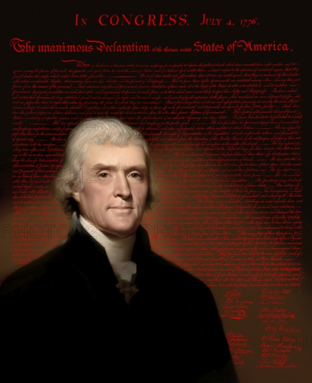 Portrait of Thomas Jefferson, 1743 - 1826, third president of the United States and principal author of the Declaration of Independence, digitally optimized based on a painting by Rembrandt Peale, in the background the Declaration of Independence of the thirteen united States of America, July 4, 1776