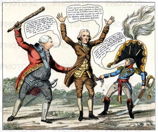 An Anti-Jefferson political cartoon on the Embargo Act in 1807, Jefferson is robbed by England and France, King George and Napoleon, 1809, Thomas Jefferson, 1743 - 1826, third president of the United States