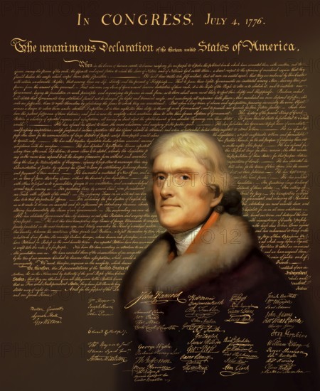 Portrait of Thomas Jefferson, 1743 - 1826, third president of the United States and principal author of the Declaration of Independence, digitally optimized based on a painting by Rembrandt Peale, in the background the Declaration of Independence of the thirteen united States of America, July 4, 1776