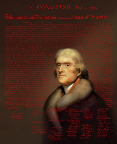 Portrait of Thomas Jefferson, 1743 - 1826, third president of the United States and principal author of the Declaration of Independence, digitally optimized based on a painting by Rembrandt Peale, in the background the Declaration of Independence of the thirteen united States of America, July 4, 1776
