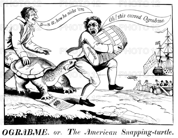 An Anti-Jefferson political cartoon on the Embargo Act in 1807, British traders keeping away the snapping turtle named Ograbme, Embargo spelled backwards, Thomas Jefferson, 1743 - 1826, third president of the United States