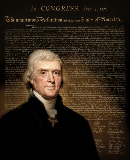 Portrait of Thomas Jefferson, 1743 - 1826, third president of the United States and principal author of the Declaration of Independence, digitally optimized based on a painting by Rembrandt Peale, in the background the Declaration of Independence of the thirteen united States of America, July 4, 1776