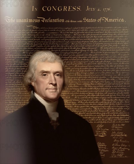 Portrait of Thomas Jefferson, 1743 - 1826, third president of the United States and principal author of the Declaration of Independence, digitally optimized based on a painting by Rembrandt Peale, in the background the Declaration of Independence of the thirteen united States of America, July 4, 1776