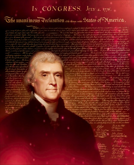 Portrait of Thomas Jefferson, 1743 - 1826, third president of the United States and principal author of the Declaration of Independence, digitally optimized based on a painting by Rembrandt Peale, in the background the Declaration of Independence of the thirteen united States of America, July 4, 1776