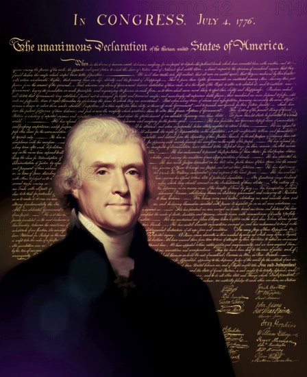 Portrait of Thomas Jefferson, 1743 - 1826, third president of the United States and principal author of the Declaration of Independence, digitally optimized based on a painting by Rembrandt Peale, in the background the Declaration of Independence of the thirteen united States of America, July 4, 1776