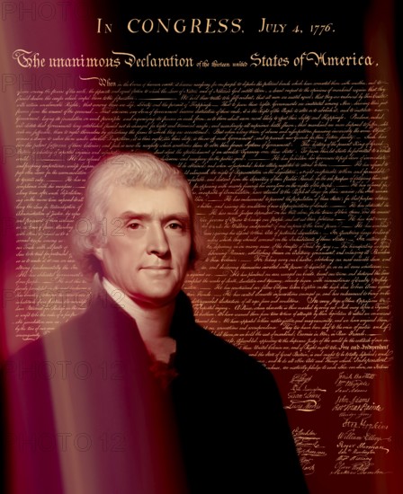 Portrait of Thomas Jefferson, 1743 - 1826, third president of the United States and principal author of the Declaration of Independence, digitally optimized based on a painting by Rembrandt Peale, in the background the Declaration of Independence of the thirteen united States of America, July 4, 1776