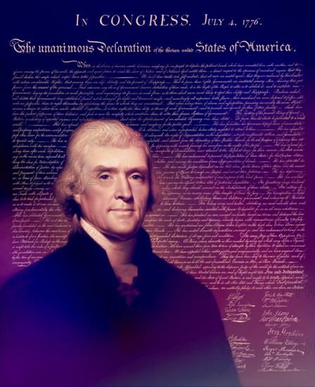 Portrait of Thomas Jefferson, 1743 - 1826, third president of the United States and principal author of the Declaration of Independence, digitally optimized based on a painting by Rembrandt Peale, in the background the Declaration of Independence of the thirteen united States of America, July 4, 1776